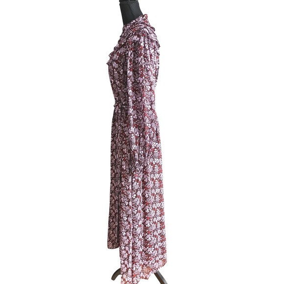 Boden Burgundy Floral Ruffle Long Dress Long Sleeve Smocked Cuff Sz 12 - Picture 4 of 11